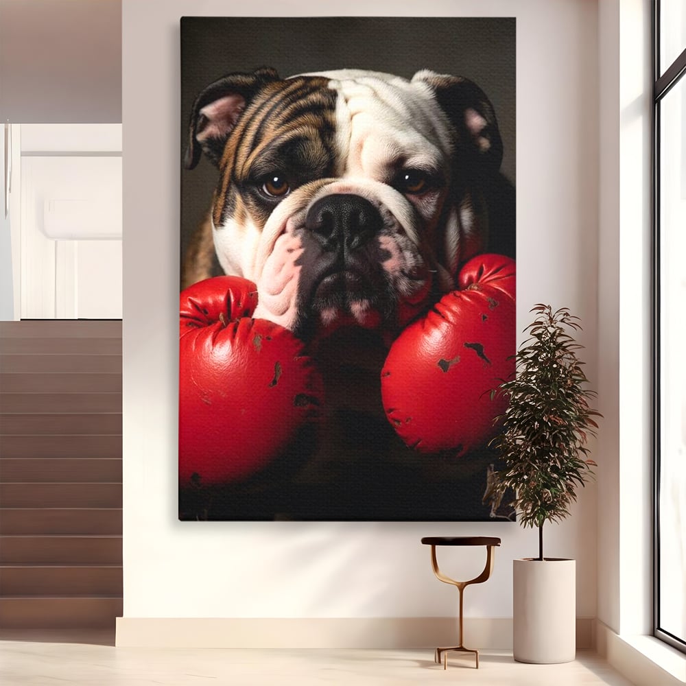 Tablou canvas cu tablou canvas cu bulldog in manusi de box, fara rama, pe sasiu de lemn